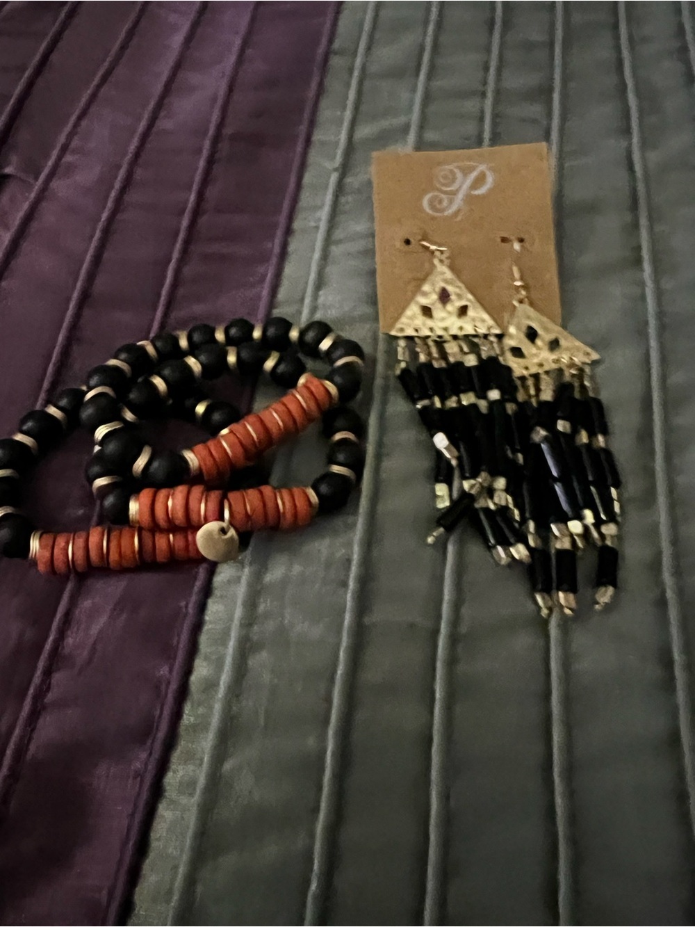 Plunder Gold-Tone Triangle Fringe Earrings with Black and Gold Beads